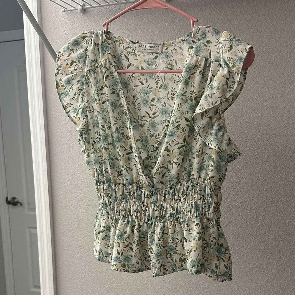 Paper Crane Floral Ruffle Blouse in Cream and Green